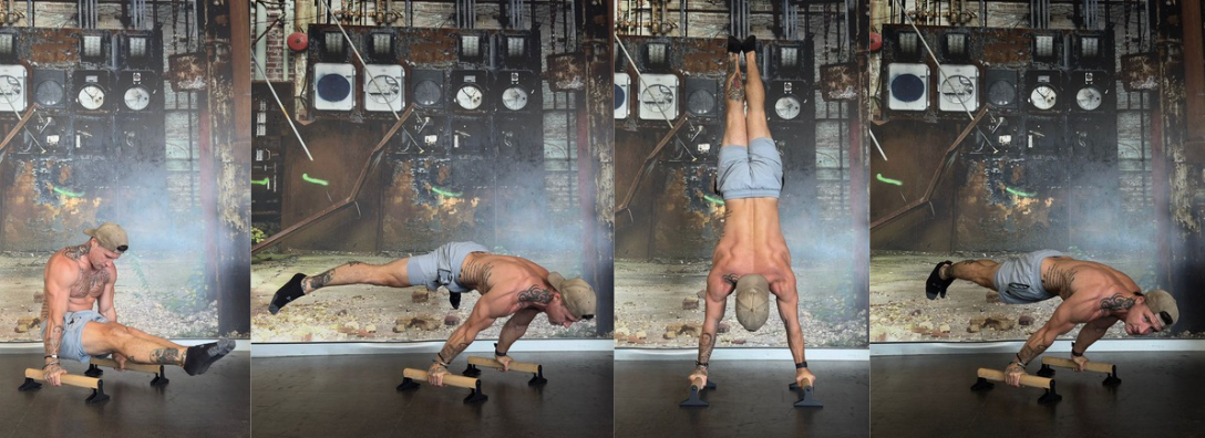 Hayden Riley training handstands and planche on Pullup and Dip parallel bars